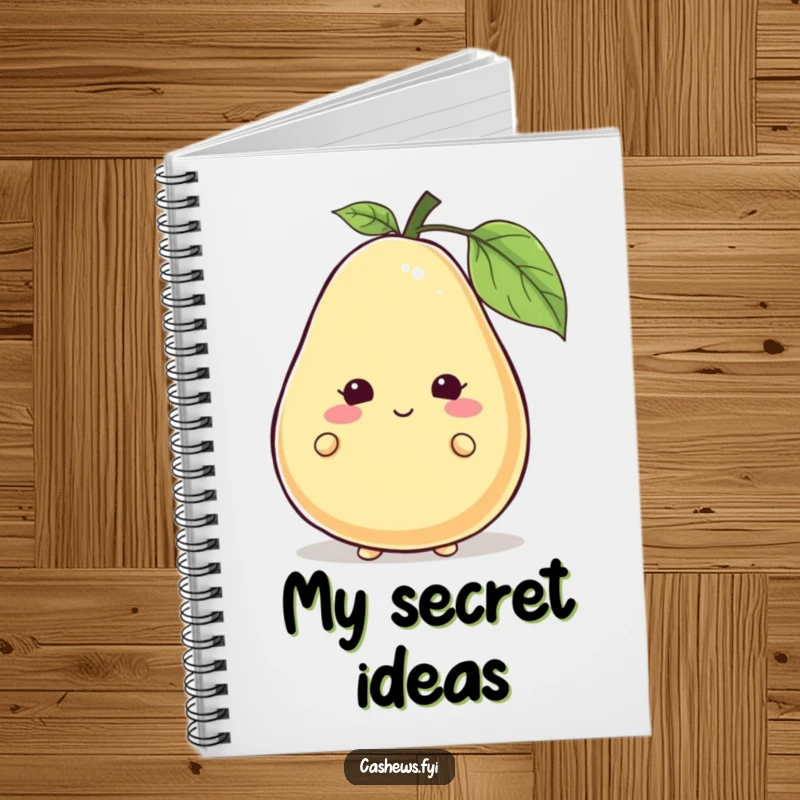 Funny cashew character peeking from behind a giant, smiling cashew on a notebook, perfect for playful notes, funny gift.