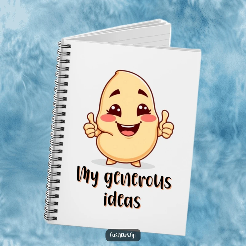Funny notebook with a cashew character offering a cashew nut, complete with a wink and thumbs-up, ready for your notes.