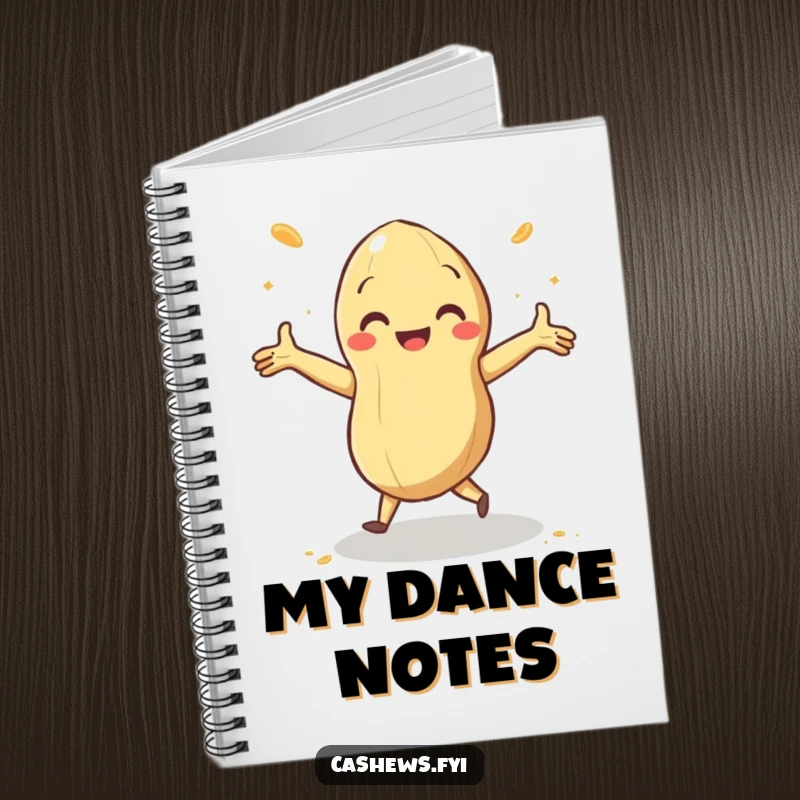 Funny notebook with a cashew doing a happy jig with arms outstretched and cashew dust swirling, ideal for capturing inspired thoughts.