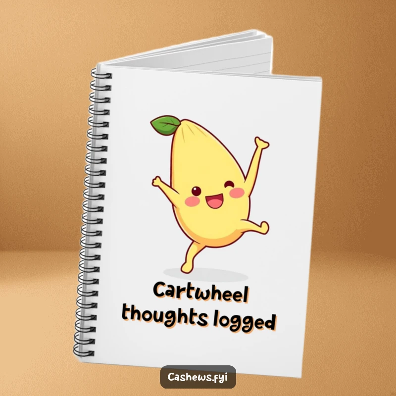 Funny notebook with a kawaii cashew performing an exuberant cartwheel, inspiring creative writing and joyful note-taking for a funny gift.