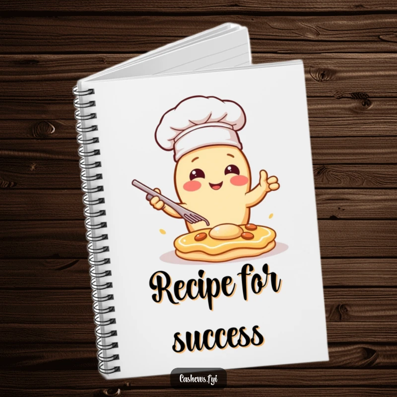Funny notebook featuring a kawaii cashew chef dramatically flipping a pancake, encouraging users to capture culinary ideas with dramatic, humorous flair.