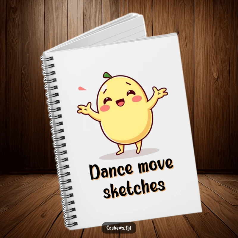 Funny kawaii cashew doing a silly dance with exaggerated arm movements on a notebook.