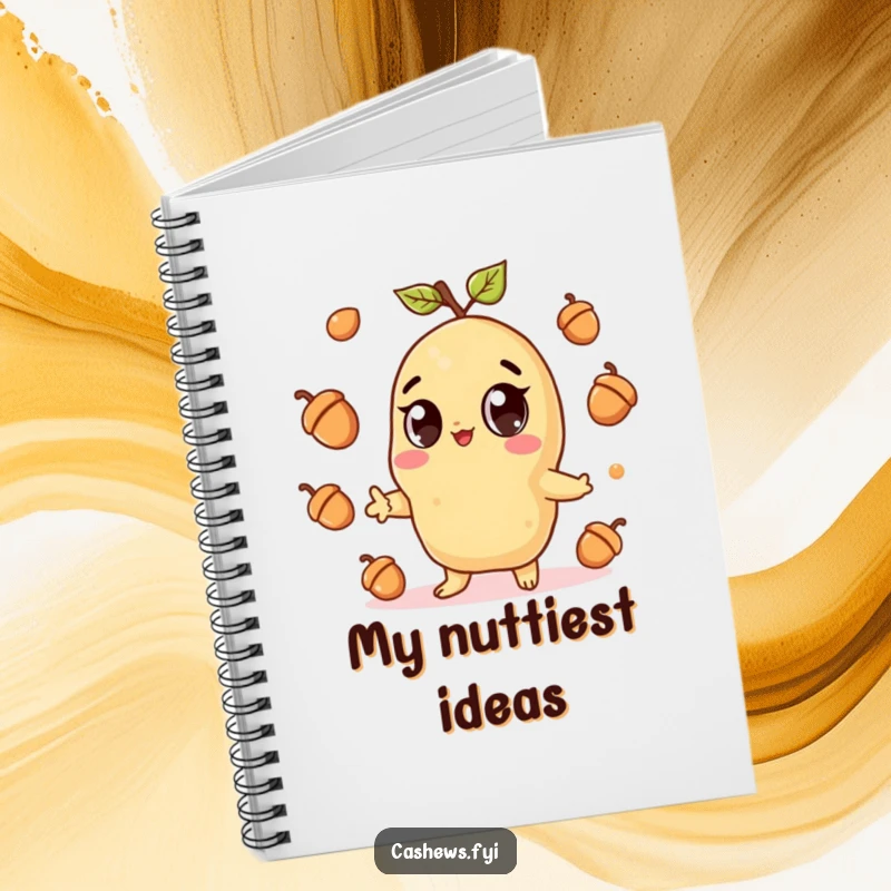 Funny notebook cover with a kawaii cashew character with wide eyes, gleefully juggling acorns, inspiring joy and creative thoughts.