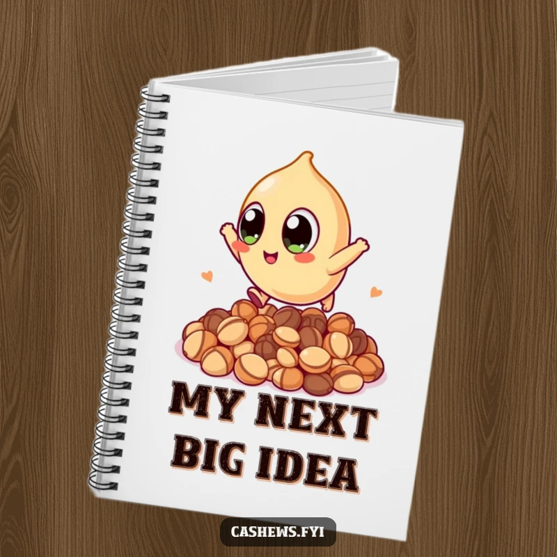 Funny notebook featuring a kawaii cashew with huge eyes, leaping over nuts, encouraging users to capture ideas with enthusiastic, humorous energy.