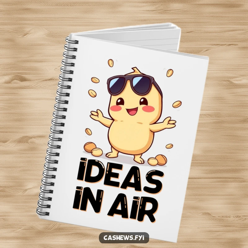 Funny notebook featuring a kawaii cashew wearing sunglasses, juggling nuts with a grin, encouraging creative and cool note-taking.
