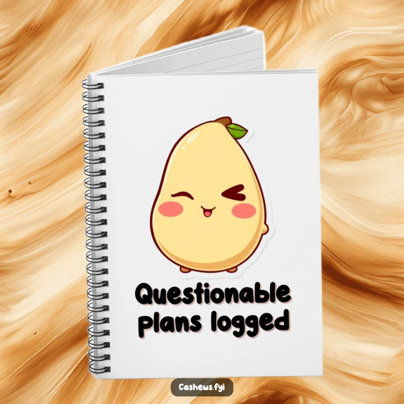 Funny notebook with a kawaii cashew character giving a mischievous wink and blush, perfect for jotting notes with playful humor.