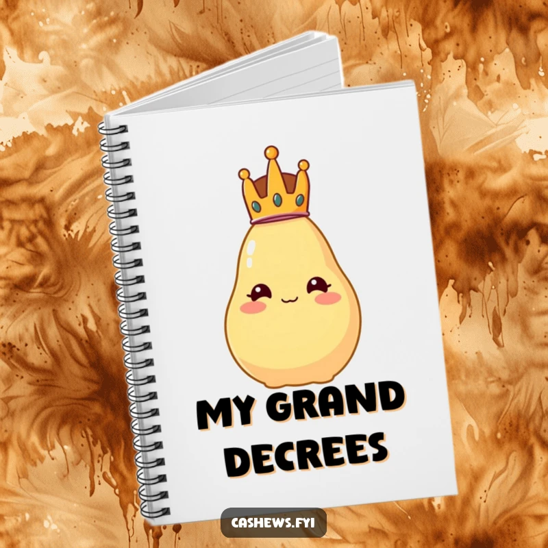 Funny notebook cover featuring a cashew wearing a tiny crown, looking comically regal and wobbly.