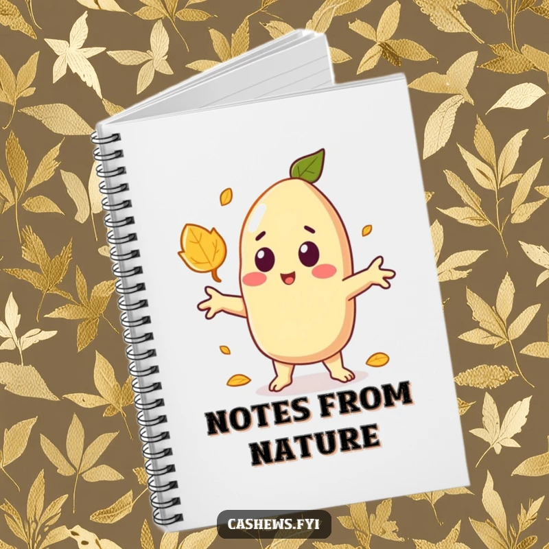 Funny notebook featuring a kawaii cashew character surprised by a falling leaf, arms outstretched, perfect for noting down surprising thoughts.