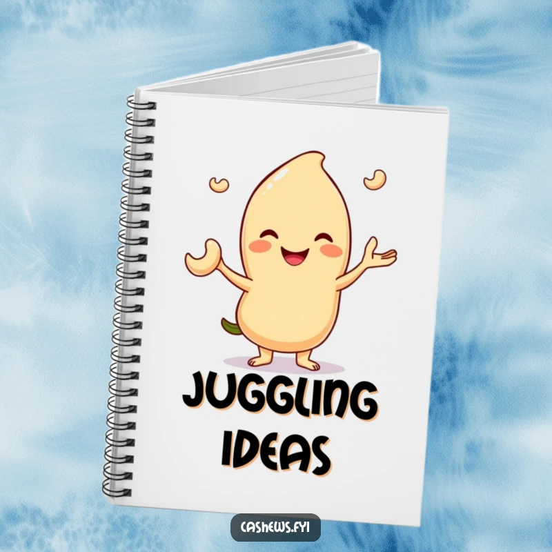 Funny notebook cover featuring a smiling cashew character juggling three tiny cashew nuts, for skillful note-taking.