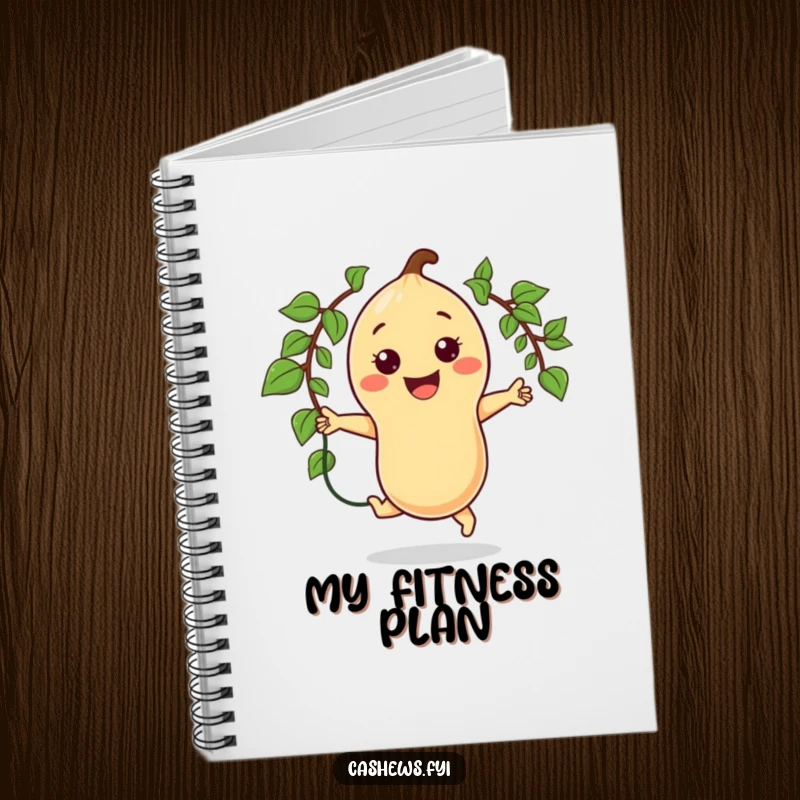 Funny notebook featuring a smiling kawaii cashew character jumping rope with a vine, encouraging active note-taking.