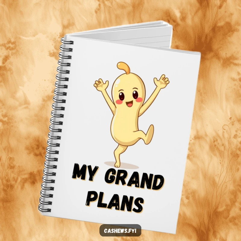 Funny notebook with a cashew character striking a dramatic pose, ready to help you jot down your most theatrical ideas.
