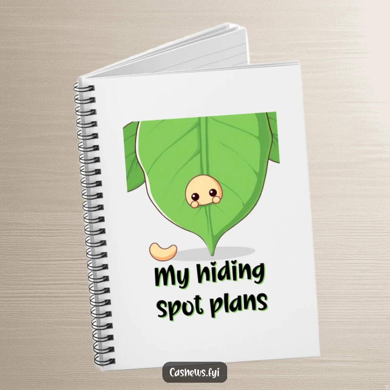 Funny notebook with a cashew nut peeking from behind a giant cashew leaf, ideal for jotting down secrets and creative ideas.
