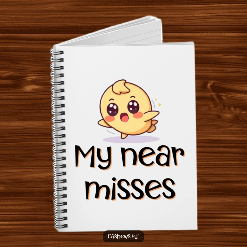 Funny notebook with a cashew character tripping slightly but landing gracefully with a surprised, wide-eyed expression, ideal for jotting notes.