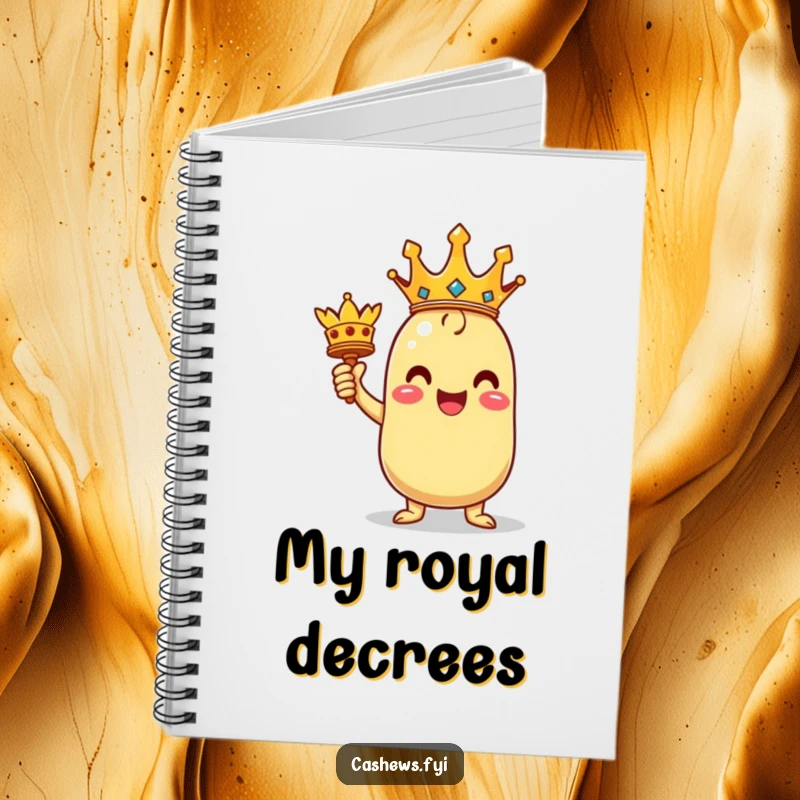 Funny notebook featuring a triumphant kawaii cashew character holding a miniature crown, perfect for logging wins and ideas.