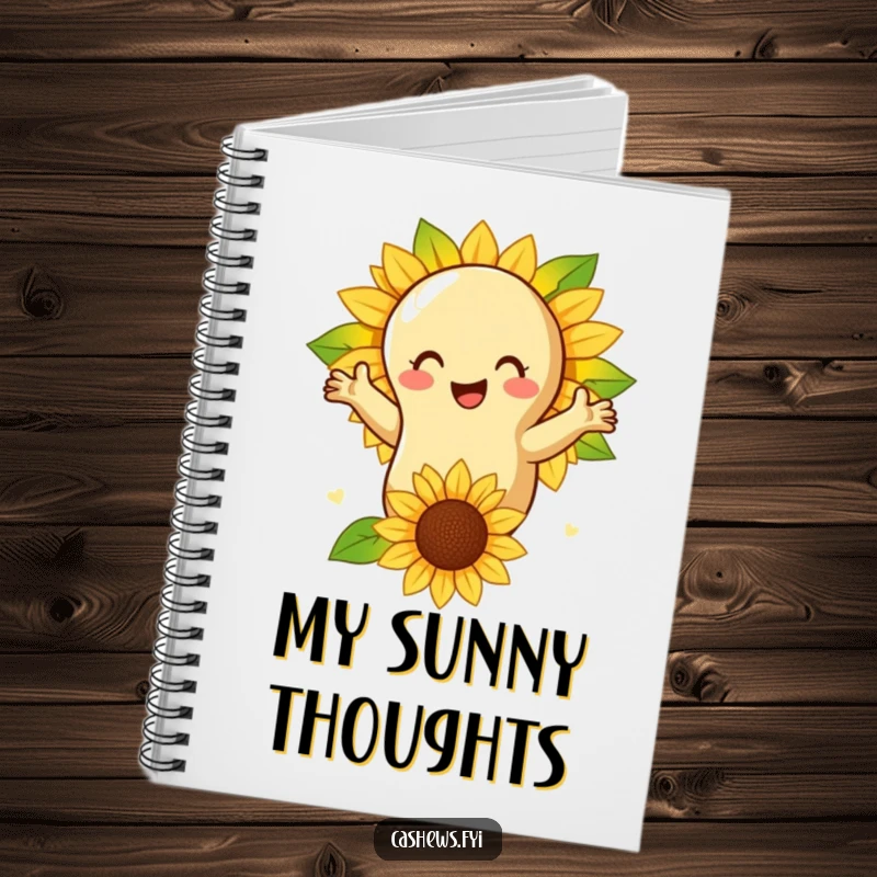 Funny notebook with a cashew nut giving a warm hug to a sunflower, ideal for nature lovers' notes.