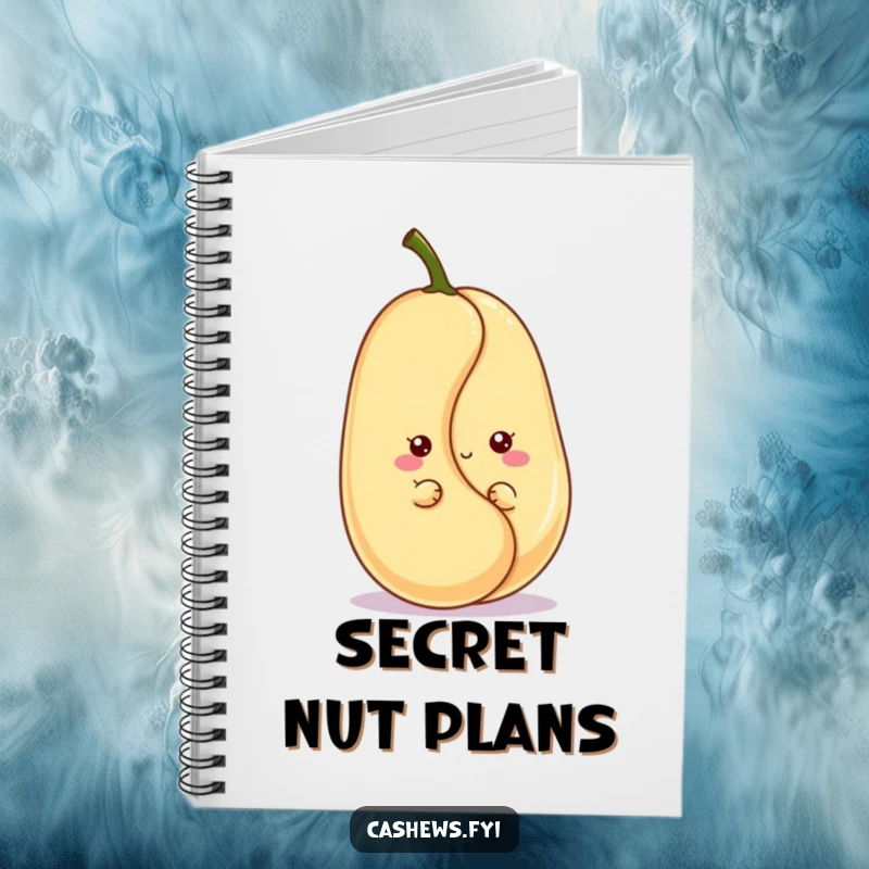 Funny kawaii cashew notebook with a cute character peeking and grinning, perfect for jotting notes with a side of nutty charm.