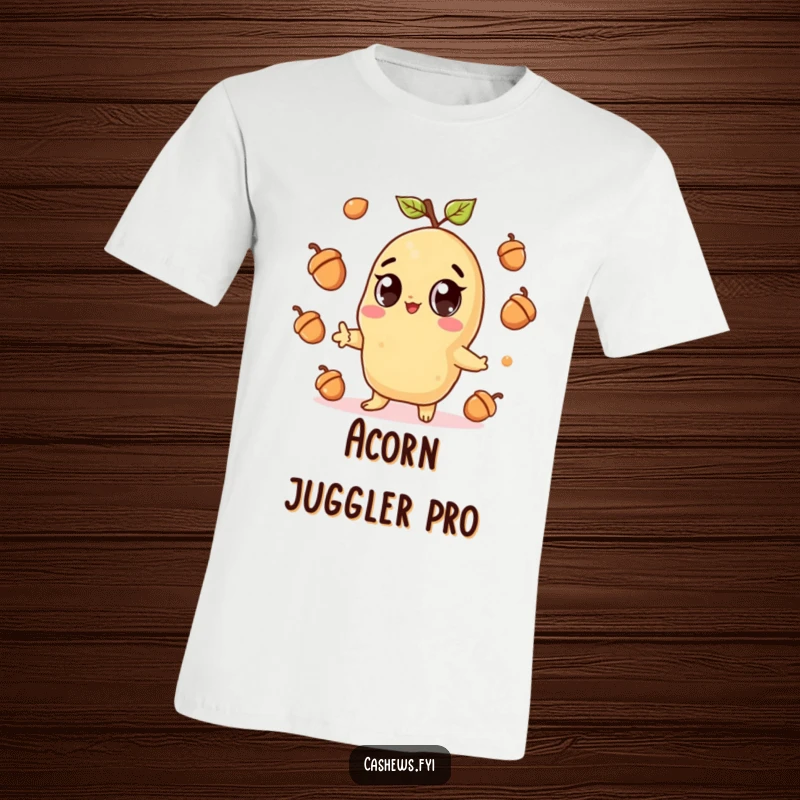 Funny t-shirt featuring a kawaii cashew character with large, expressive eyes, happily juggling acorns with a gleeful look, incredibly cute.