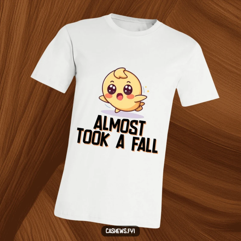 Funny t-shirt showing a cashew character tripping slightly but landing gracefully with a surprised, wide-eyed expression, highlighting resilience.