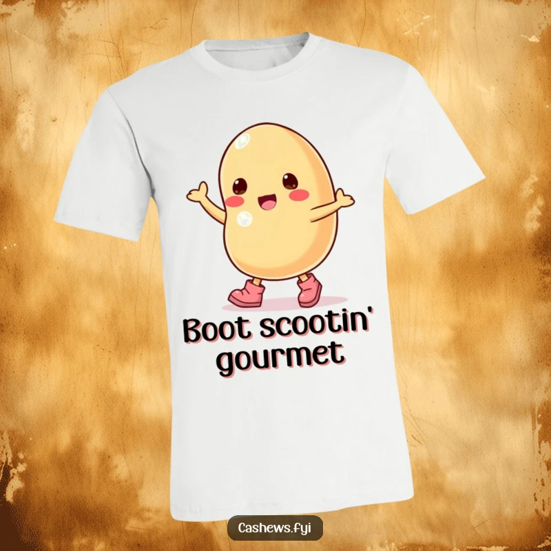 Funny t-shirt featuring a happy cashew nut character wearing small boots and dancing with enthusiasm.