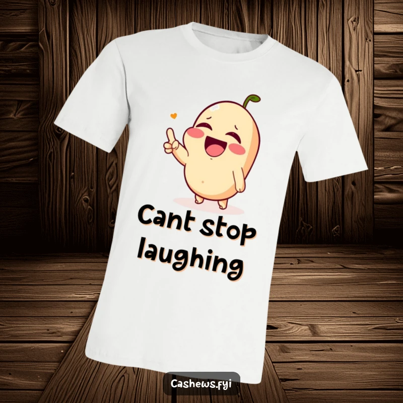 Funny t-shirt showing a Kawaii cashew laughing hysterically, eyes watering, pointing, capturing pure comedic joy.