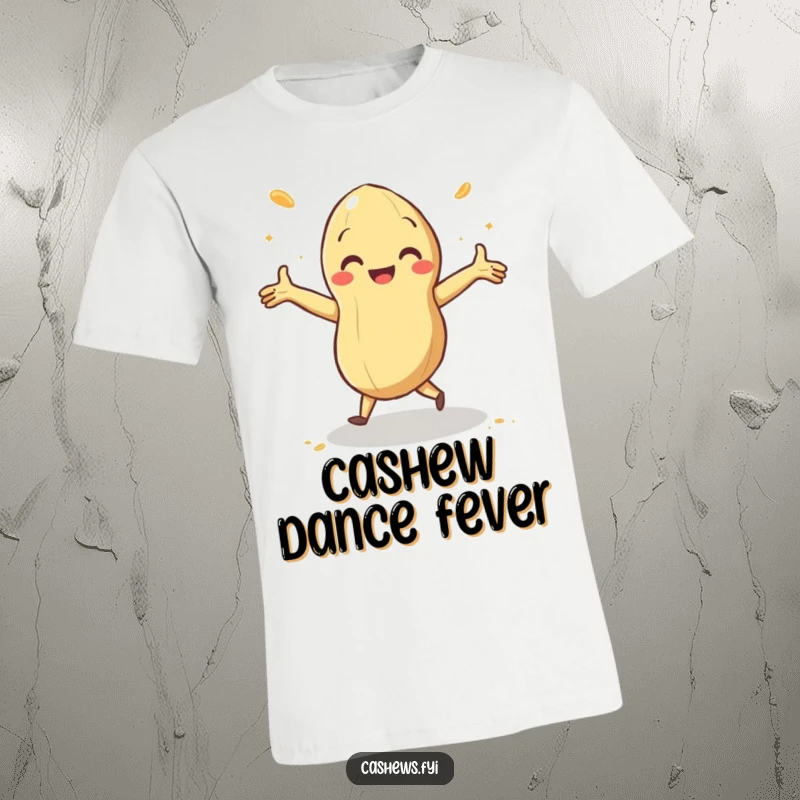 Funny t-shirt showcasing a cashew doing a happy, arms-outstretched jig with a playful swirl of cashew dust, celebrating movement.