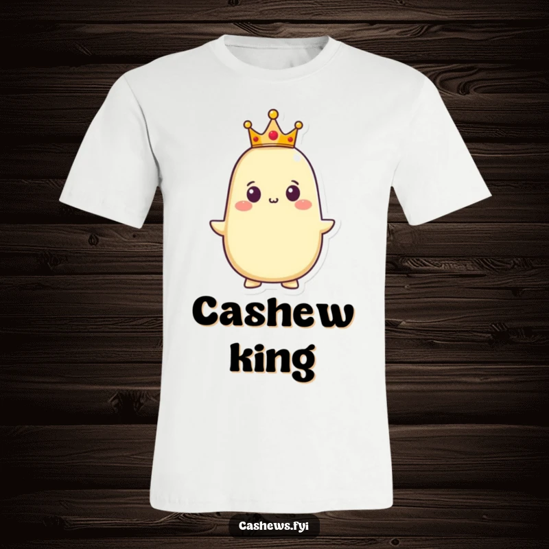 Funny t-shirt graphic of a cashew character with a proud expression, wearing a small golden crown, exuding royal confidence and a humorous sense of superiority.