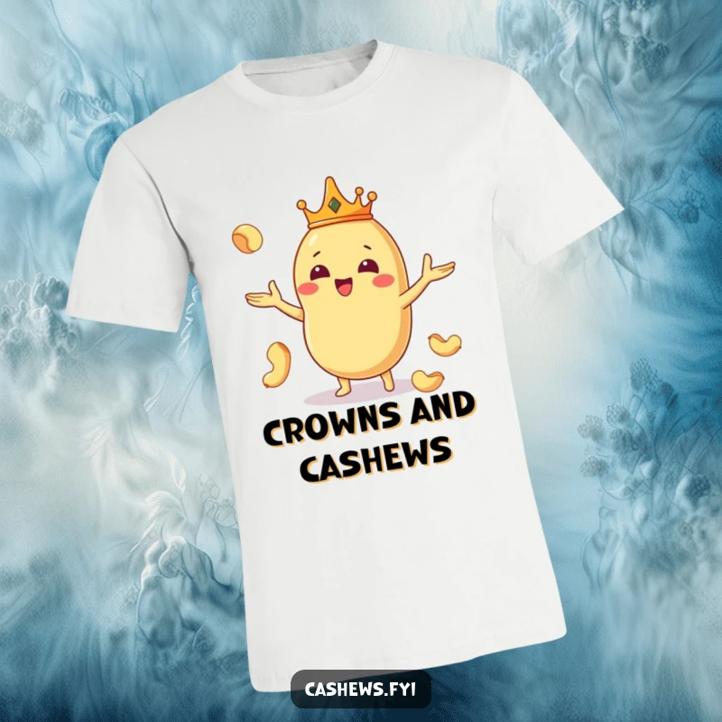 Funny t-shirt design of a Kawaii cashew king wearing a crown and juggling nuts, exuding playful royalty.