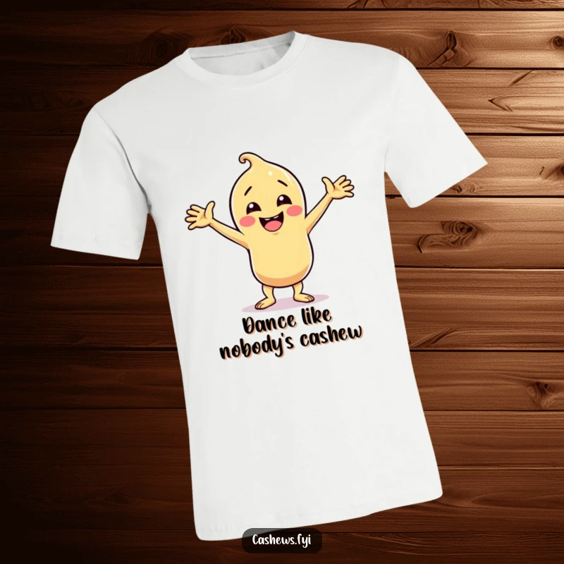 Funny cashew character in a silly dance pose with arms wide, bursting with energy, great funny gift.