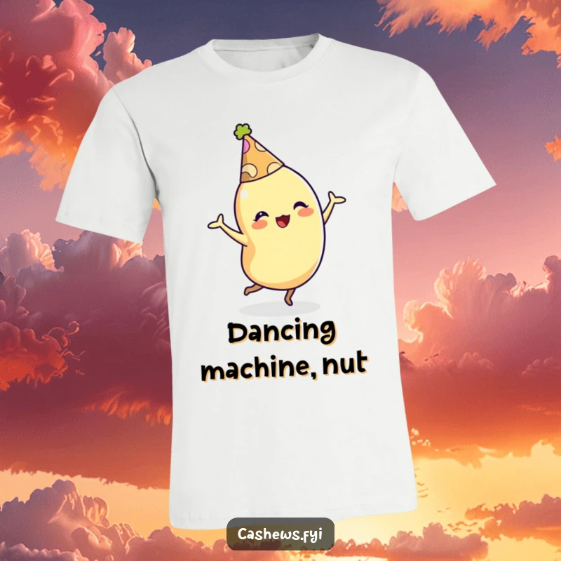 Funny t-shirt with a cashew character sporting a party hat and dancing energetically, capturing the essence of joyful celebration.