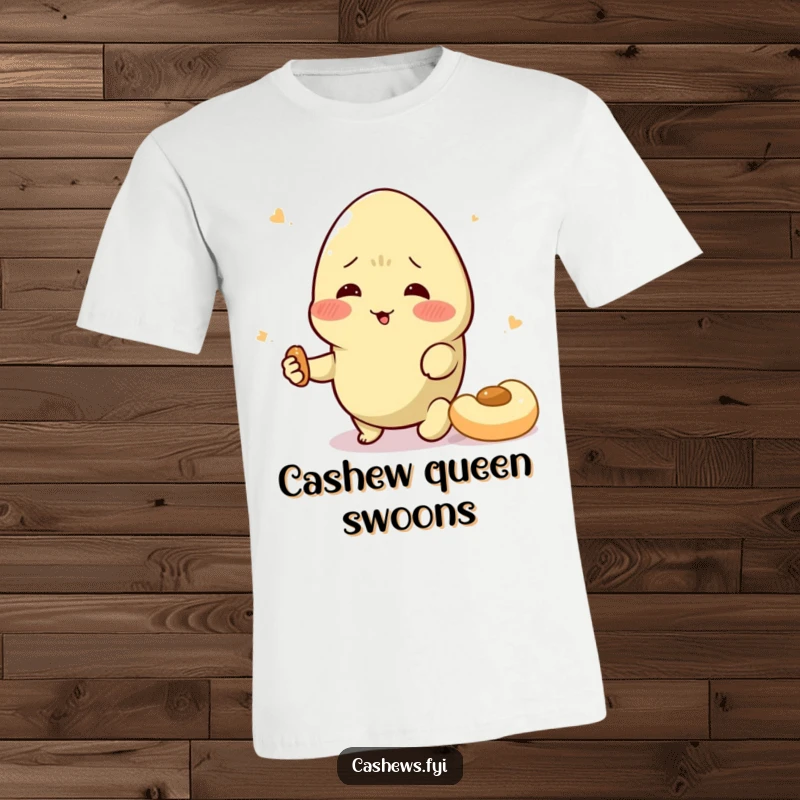 Funny cashew t-shirt depicting a rosy-cheeked cashew character in a dramatic swoon over a snack, highlighting pure nutty obsession.