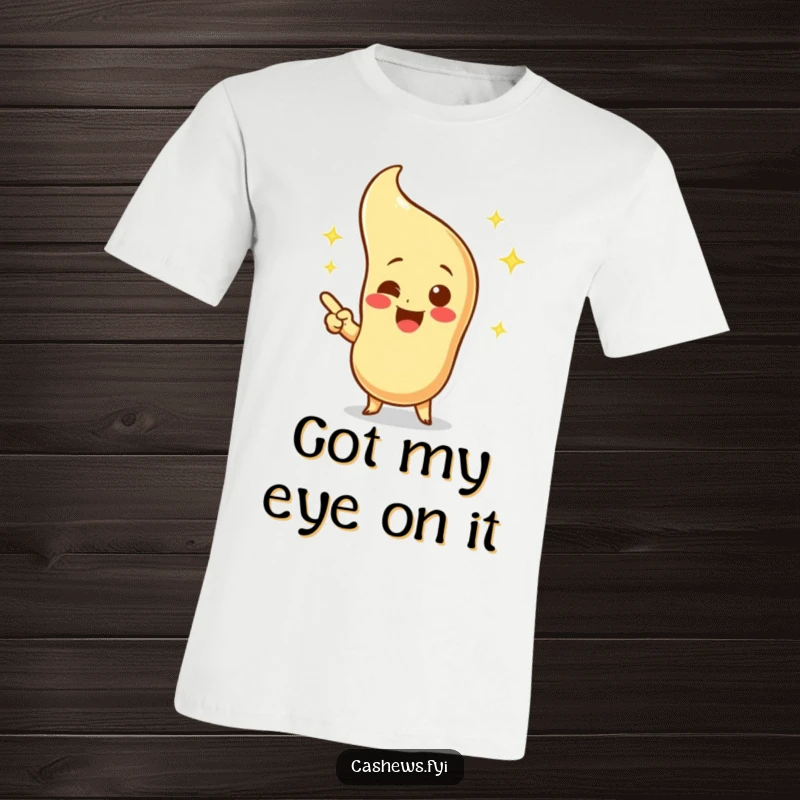 Funny t-shirt with an excited cashew character intently pointing at a sparkling, imagined cashew, capturing pure joy and anticipation.