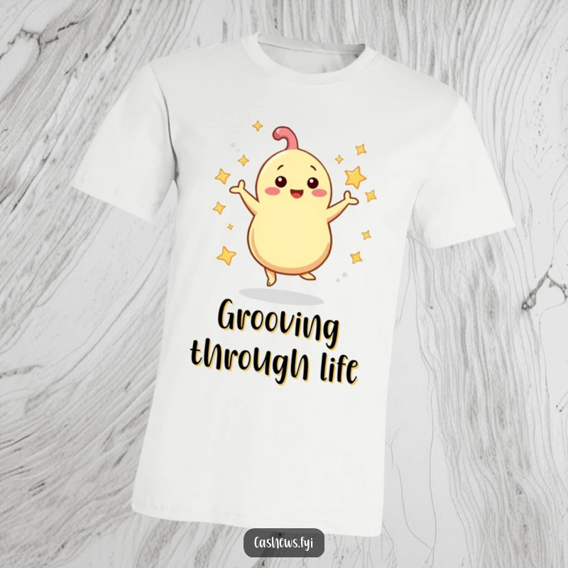 Funny T-Shirt: A cashew dances joyfully with a constellation of stars swirling around its energetic body, embodying celebration.