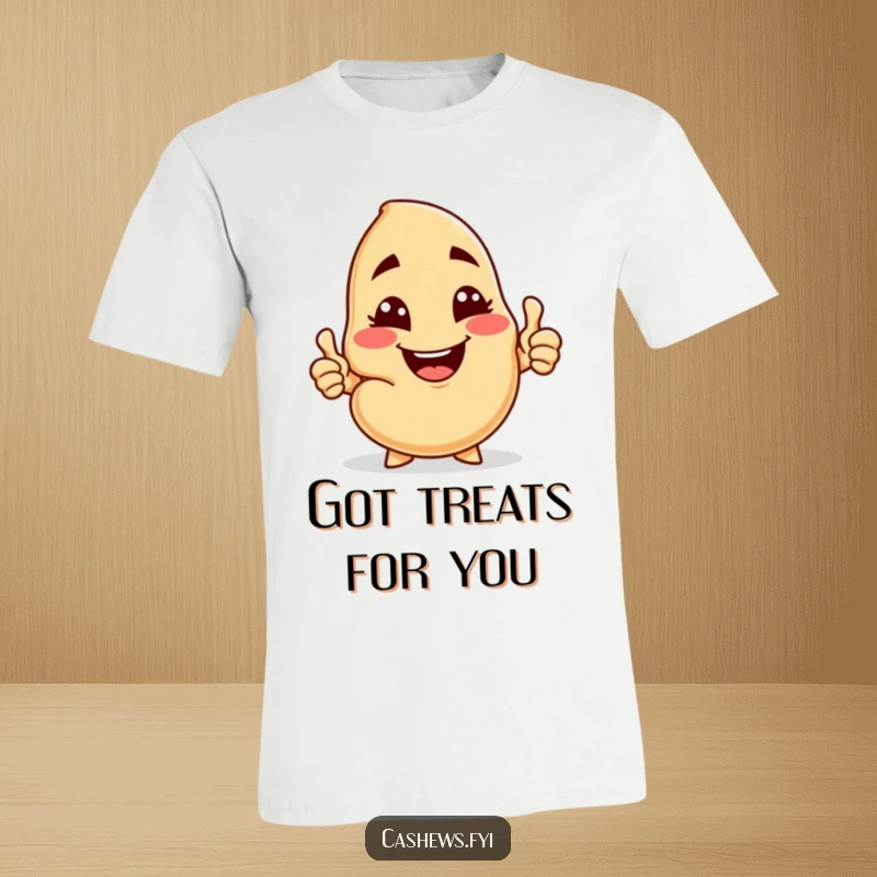 Funny T-shirt showcasing a cashew character with a cheeky grin, winking and giving a thumbs-up while presenting a cashew nut.