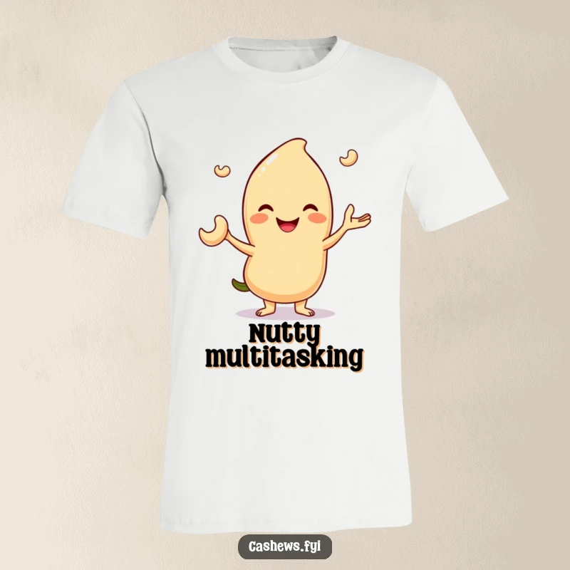 Funny t-shirt design of a smiling cashew character skillfully juggling three tiny cashew nuts, conveying playful talent and fun.