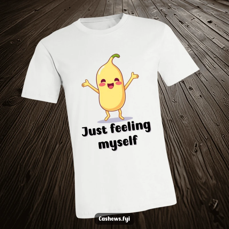 Funny t-shirt design of a Kawaii cashew doing a silly dance with arms and legs flailing joyfully, celebrating movement.