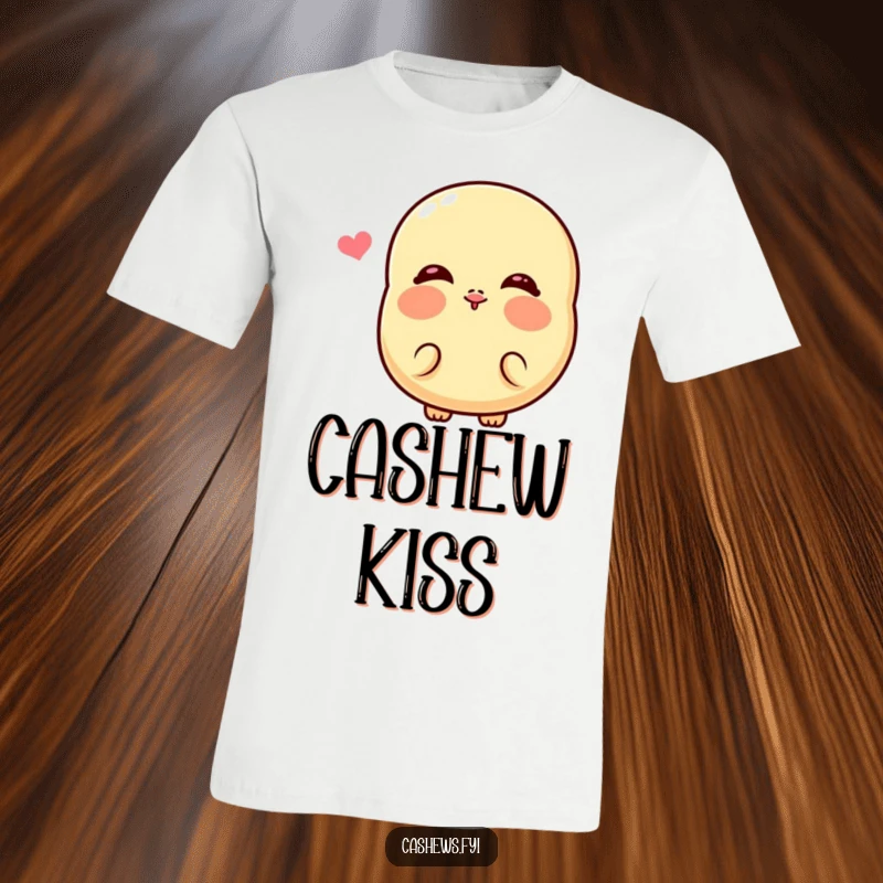 Funny Kawaii Cashew T-Shirt: A cute cashew character with big rosy cheeks blowing a cartoon kiss, perfect for a humorous look.