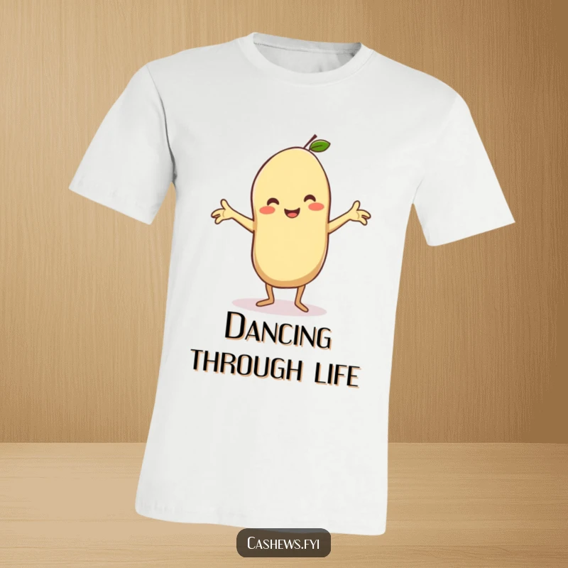 Funny t-shirt showcasing a kawaii cashew performing a silly dance with arms wildly outstretched, beaming with pure delight.
