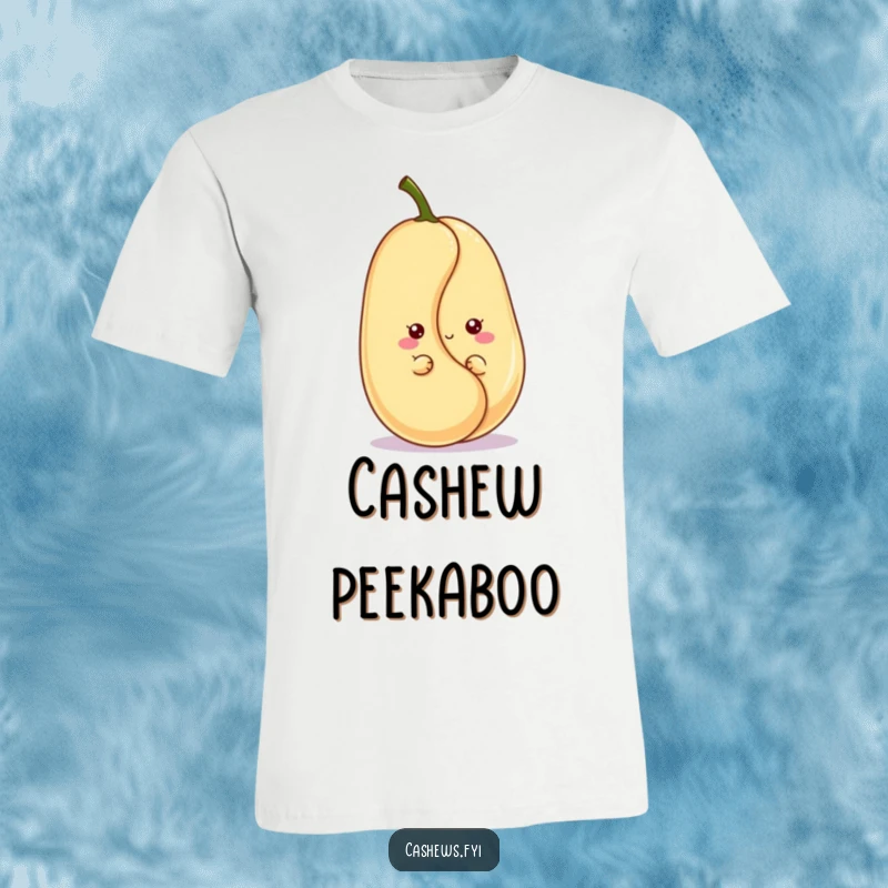 Funny kawaii cashew t-shirt with a cute character peeking and grinning playfully from behind a larger cashew, full of charm.