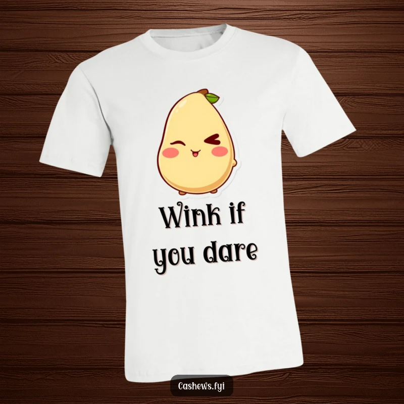 Funny t-shirt with a kawaii cashew character giving a mischievous wink and blush, perfect for playful and humorous style.