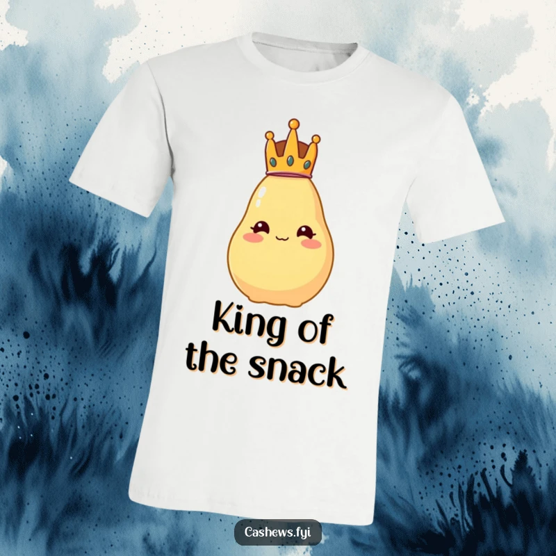 Funny t-shirt showcasing a cashew wearing a miniature crown, looking like royalty but teetering comically.