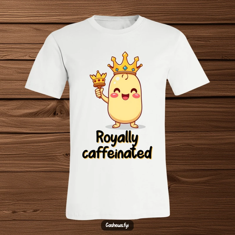 Funny t-shirt depicting a kawaii cashew character striking a triumphant pose, holding a miniature crown high above its head.