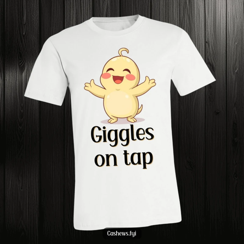 Funny t-shirt showcasing a cashew with arms spread wide, laughing heartily and contagiously with pure delight.