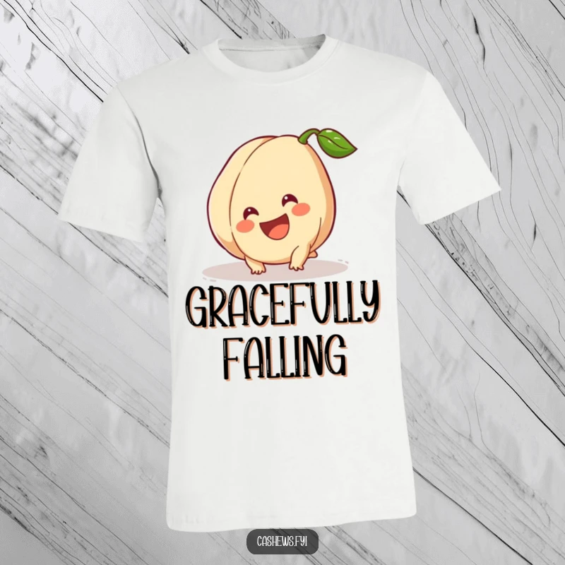 Funny T-Shirt: A cashew is caught mid-trip but beams with a wide, joyous smile, embodying a positive attitude despite mishaps.