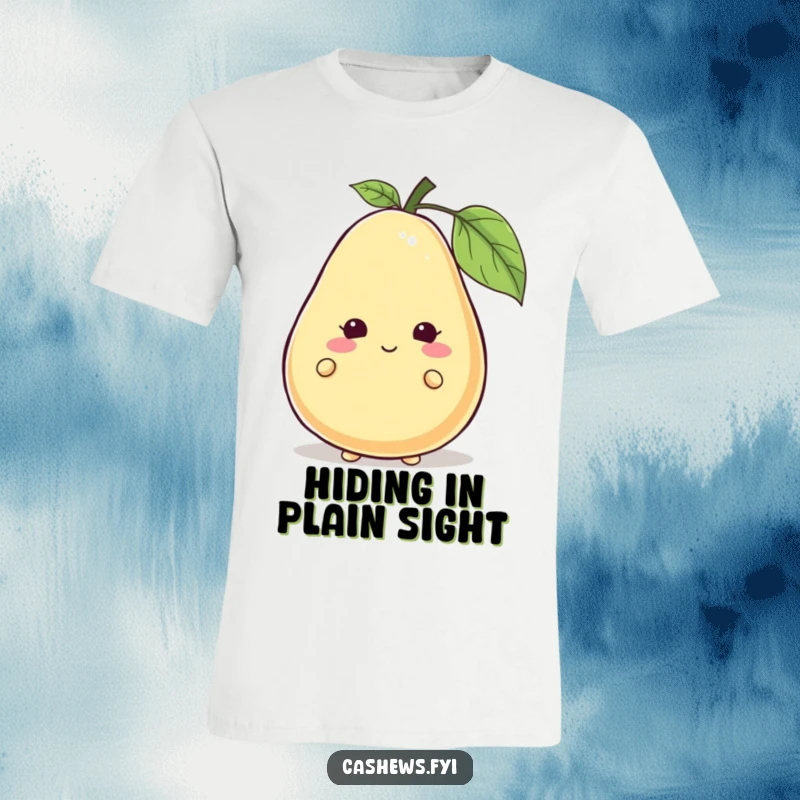 Funny cashew character peeking from behind a giant, smiling cashew, in a playful hide-and-seek, great funny gift.