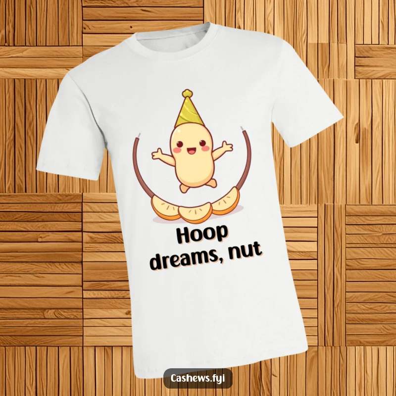 Funny cashew party t-shirt depicting a happy cashew character wearing a party hat, leaping through a hoop made of cashew halves.