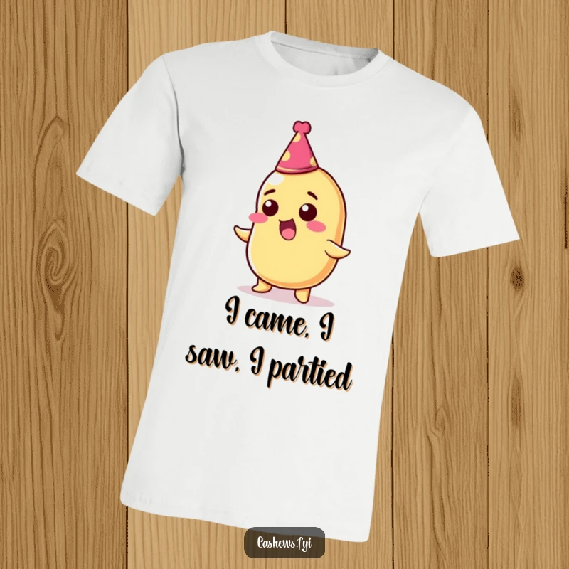 Funny t-shirt with a thrilled cashew nut wearing a small party hat, looking ecstatic and ready for a celebration.