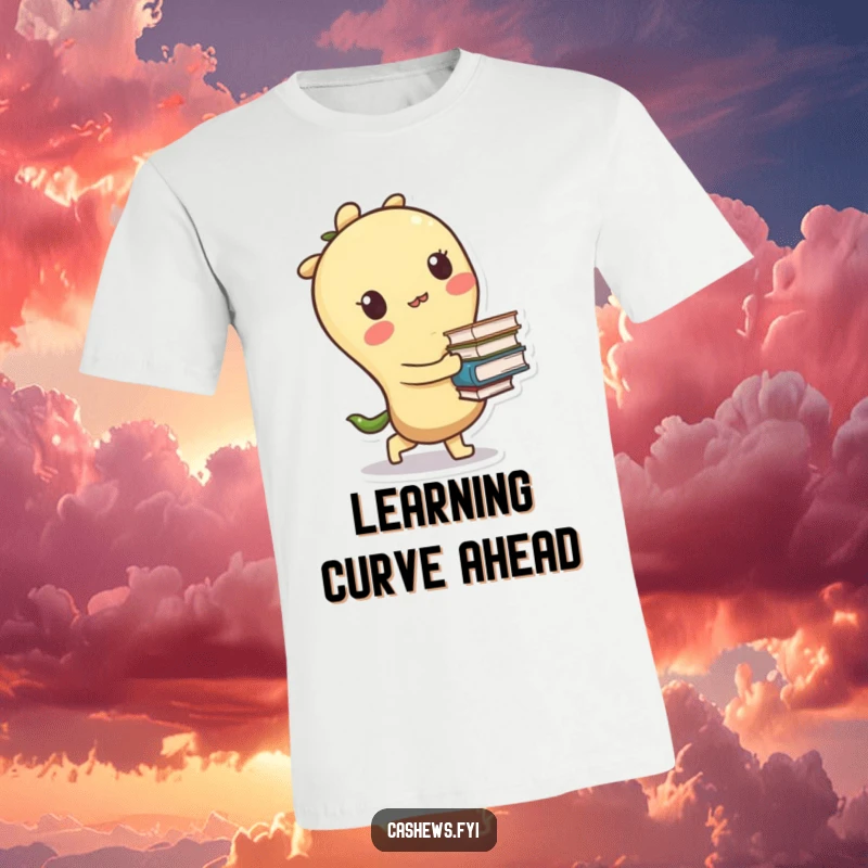 Funny t-shirt showing a kawaii cashew character stumbling slightly while balancing a precarious stack of books, adorably awkward.