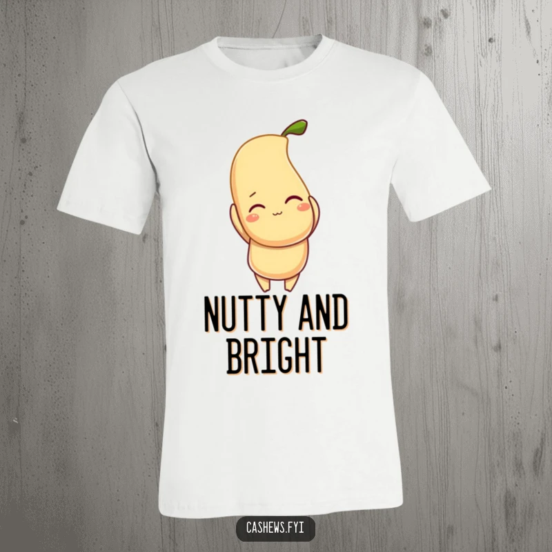 Funny t-shirt with a winking cashew character proudly holding up a large, radiant cashew, symbolizing nutty joy and humor.