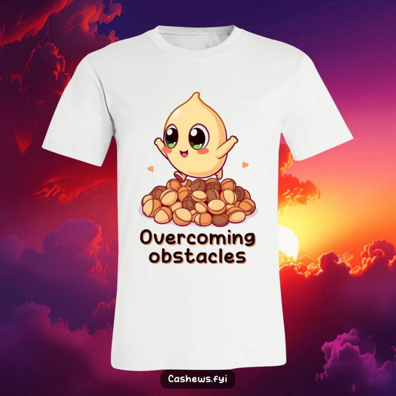 Funny t-shirt featuring a kawaii cashew with large, wide eyes, captured mid-leap over a stack of nuts, radiating playful energy.