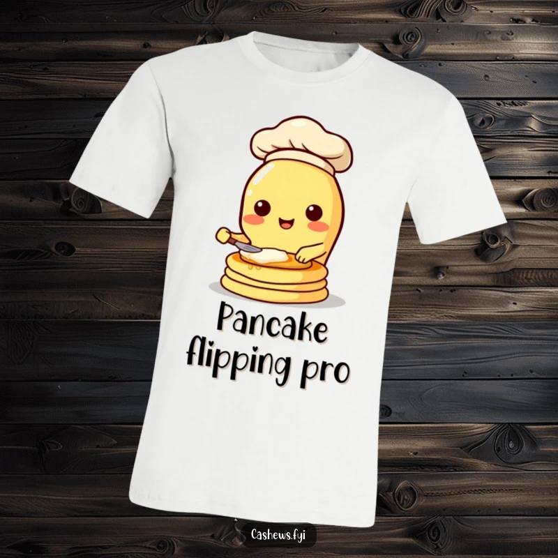 Funny t-shirt with a happy kawaii cashew wearing a chef hat, energetically flipping a stack of pancakes with a huge smile.